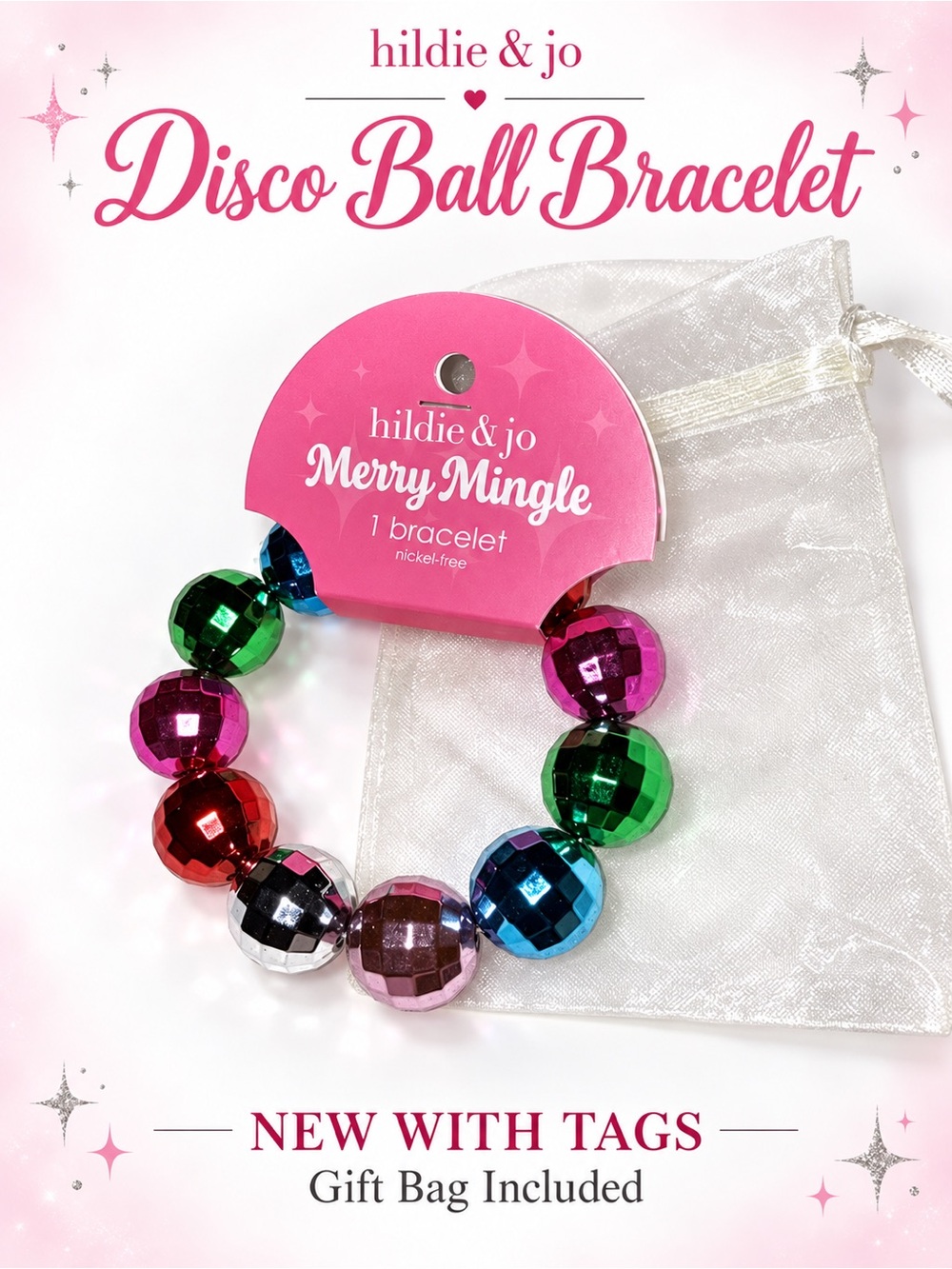 Hildie & Jo Merry Mingle Disco Ball Beaded Bracelet Multicolor NWT Gift Bag